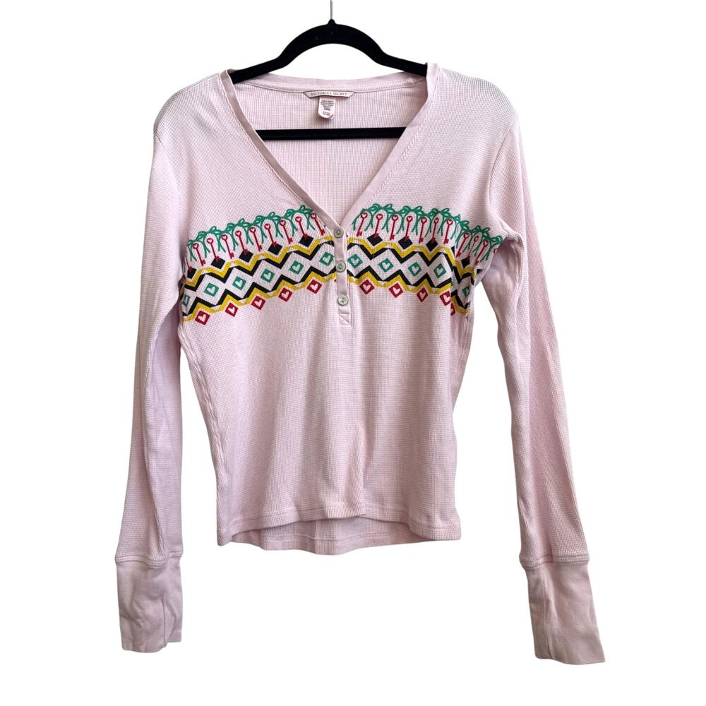 Victoria's Secret Pink Vintage Holiday Long Sleeve Waffle Knit Henley Shirt